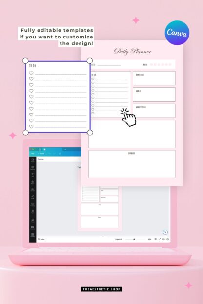Perfect Pink Aesthetic Printable Planner (Daily, Weekly, Monthly, Reflections, habit tracker) PDF + Canva editable templates
