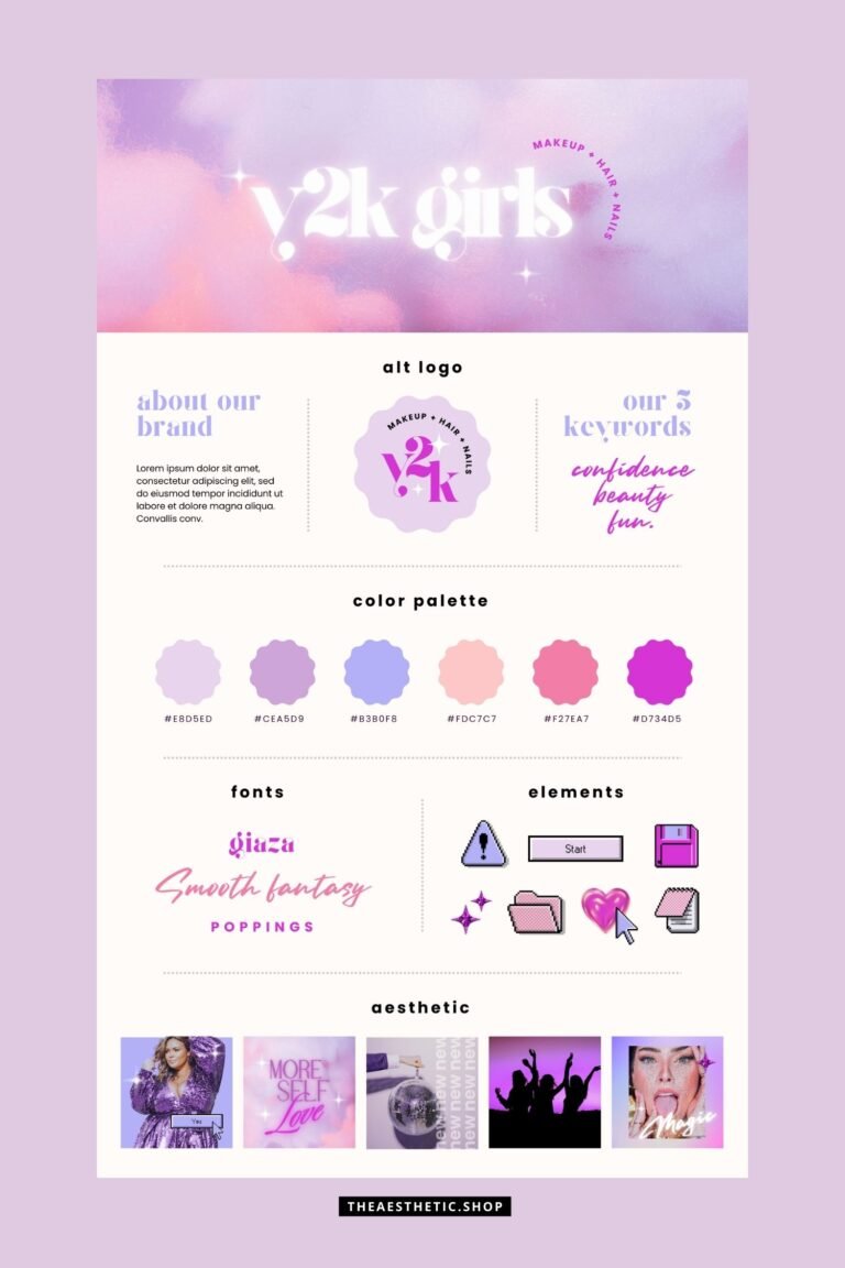 Y2K Aesthetic editable brand board - Includes logo, color palette, aesthetic, fonts & more 1