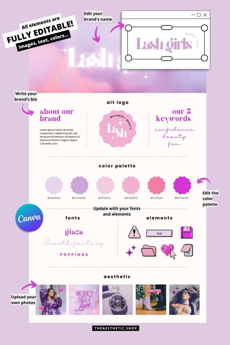 Y2K Aesthetic editable brand board - Includes logo, color palette, aesthetic, fonts & more 1