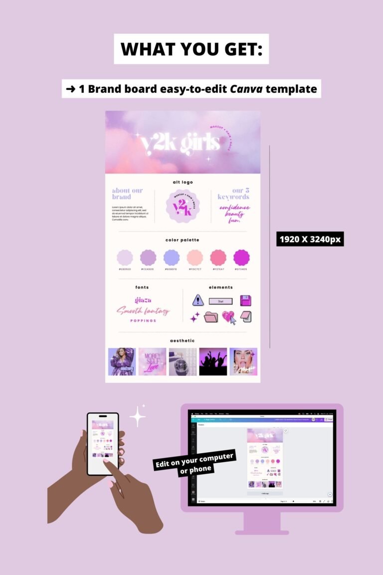 Y2K Aesthetic editable brand board - Includes logo, color palette, aesthetic, fonts & more 1