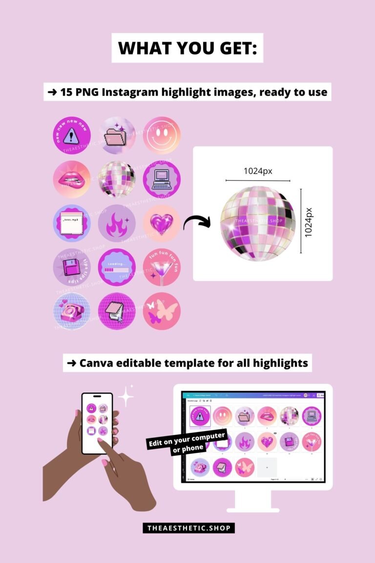 Y2K aesthetic Instagram highlight covers ready to use - includes editable Canva templates