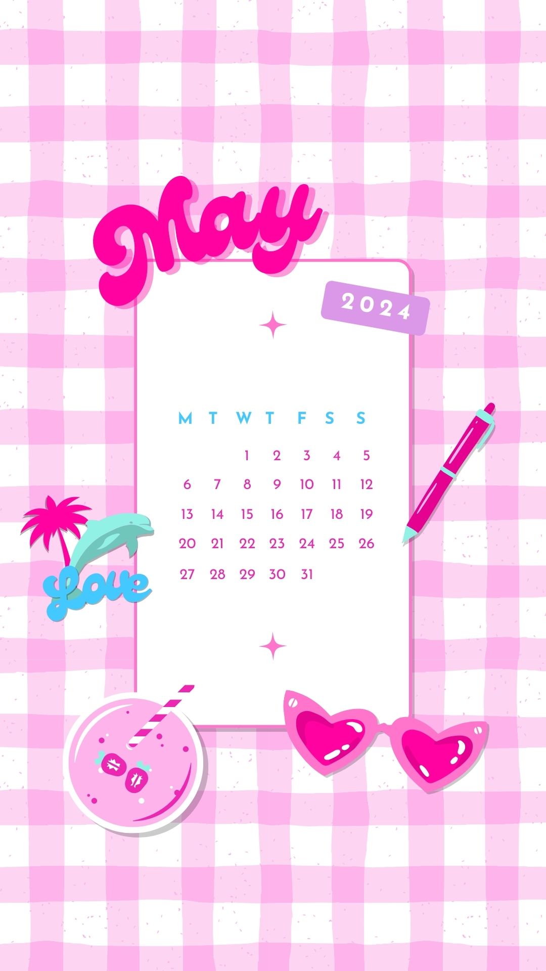 may 2024 barbiecore aesthetic phone background wallpaper calendar