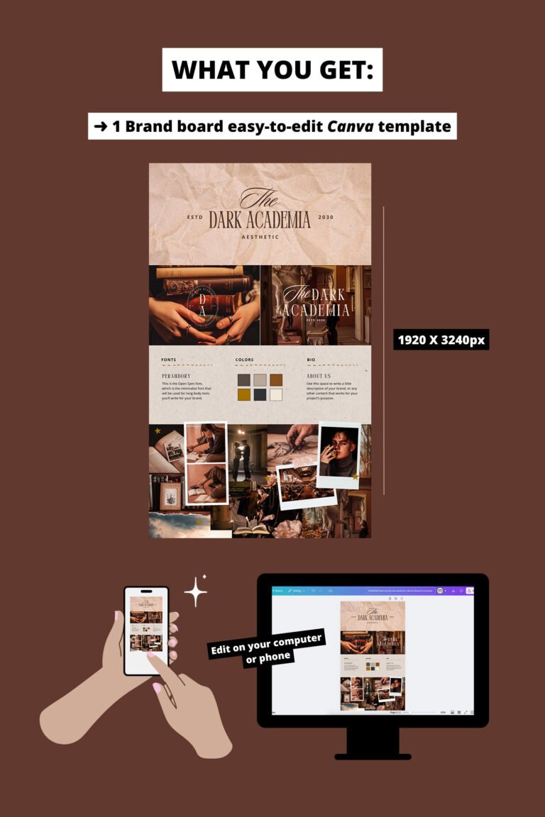 Dark Academia Aesthetic Canva editable brand board - Includes logo, color palette, aesthetic, fonts & more 1