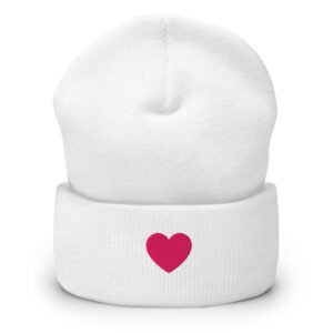 'Pink Heart' White Cuffed Beanie