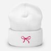 'Pink Bow' White Cuffed Beanie