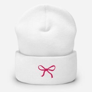 'Pink Bow' White Cuffed Beanie