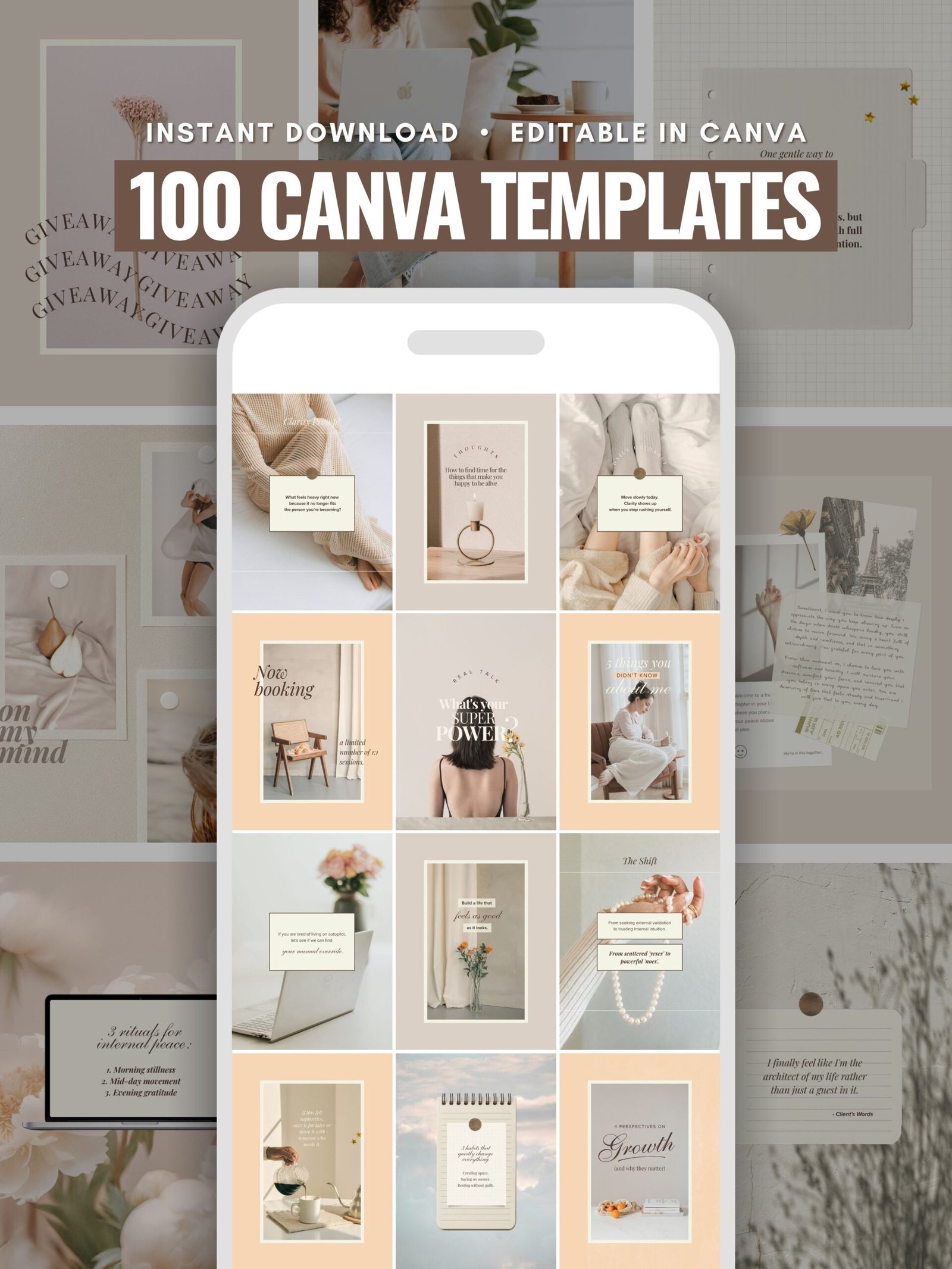 minimalist neutral color beige aesthetic Coach Content Kit: 100 Canva Templates for Life Coaches