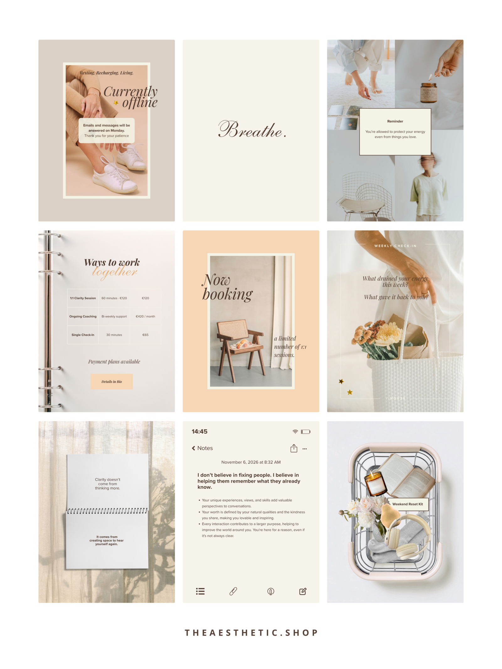 minimalist neutral color beige aesthetic Coach Content Kit: 100 Canva Templates for Life Coaches